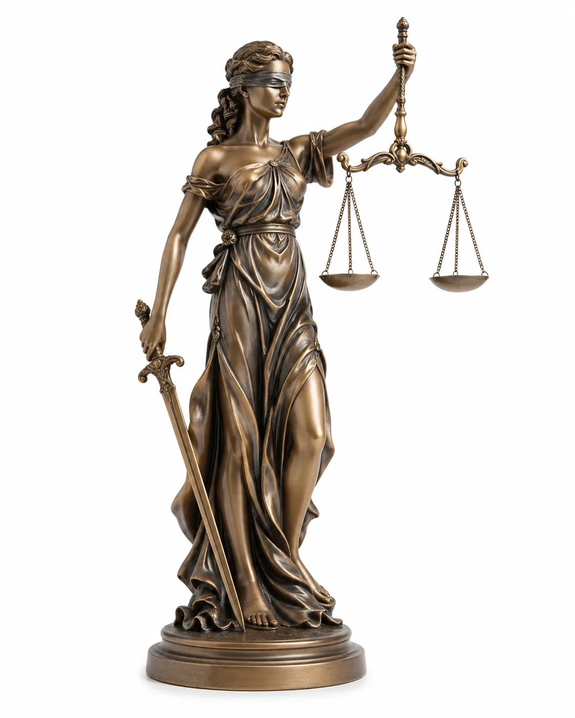 Estatua de la dama de la justicia sosteniendo la balanza, vista de tres cuartos sobre fondo blanco.